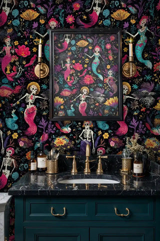 Mystical skeleton mermaid wallpaper featuring colorful coral and fish, displayed in elegant powder room with marble vanity