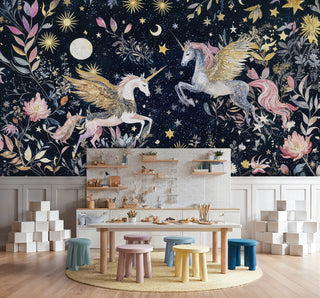 Mystical unicorn Wall Mural featuring celestial creatures and botanical elements, shown in craft room with colorful stools