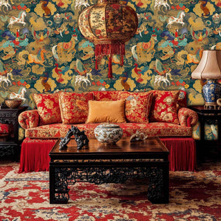 Mystical wallpaper featuring golden clouds and celestial horses, displayed in traditional living room with ornate lantern