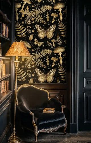 Mystical wallpaper showing gold botanical elements on black, featured in sophisticated home study