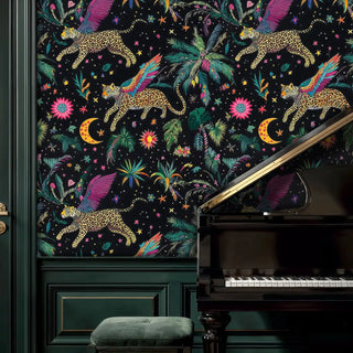 Mystical winged leopard wallpaper with tropical elements in sophisticated music room with grand piano