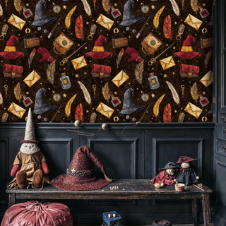 Mystical witchcraft wallpaper with wizard hats, potion bottles, and golden letters, displayed in cozy study with magical props