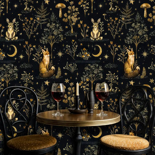 Mystical woodland wallpaper with gold foxes, rabbits, and celestial stars in elegant dining room with wine glasses