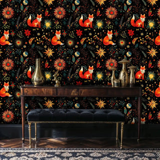 mystical woodland wallpaper with orange foxes and star motifs, styled in sophisticated entryway with tufted bench