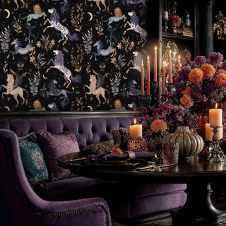 Mythical creature wallpaper featuring winged lions, displayed in luxurious dining room with purple velvet seating
