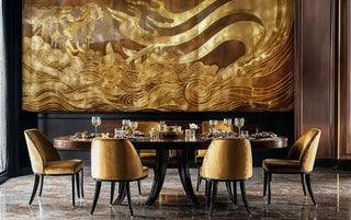 Mythical dragon wallpaper with golden swirls and decorative elements, shown in formal dining room setting