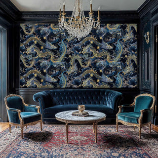 Mythical dragon wallpaper with swirling clouds and golden scales, shown in sophisticated sitting room with tufted sofa