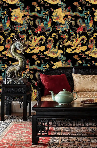 Mythical dragon wallpaper with swirling clouds, displayed in elegant room with dragon sculpture accent