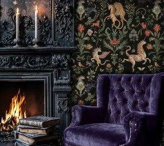 mythical unicorn floral wallpaper with green foliage and gold accents, shown beside a lit fireplace and purple velvet armchair