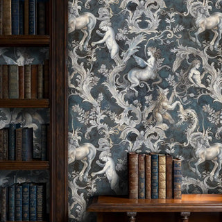 Mythology wallpaper featuring celestial figures and ornate details, displayed in traditional study with antique bookshelf