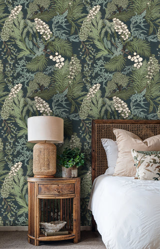 Natural berry cluster wallpaper with eucalyptus branches, featured in bedroom with bamboo nightstand
