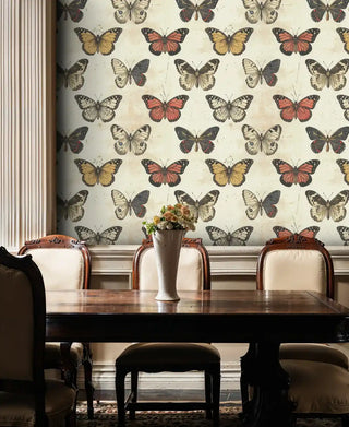 Natural butterfly collection wallpaper in elegant dining room with mahogany table and cream upholstered chairs