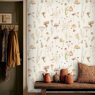Natural mushroom wallpaper with wild botanical elements in neutral tones, styled in entryway with wooden bench