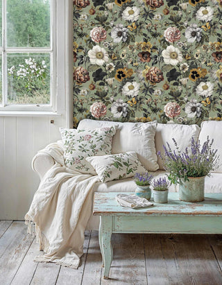Nature butterfly wallpaper featuring roses and wildflowers, displayed in cottage living room with cream sofa