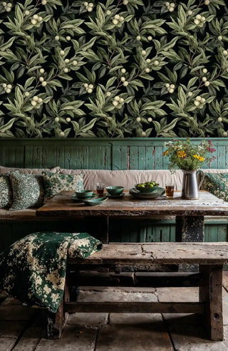 Nature-inspired berry wallpaper with dark background, displayed in rustic dining space with wooden bench seating