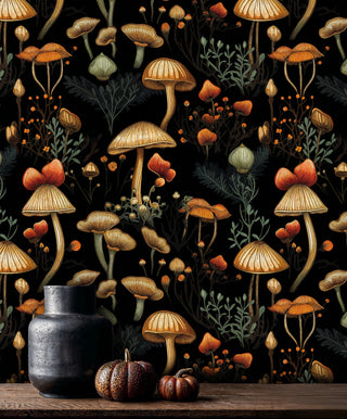 Nature-inspired mushroom wallpaper with intricate details, displayed in cozy setting with ceramic vase and pumpkins