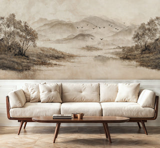 Nature-inspired Wall Mural featuring misty mountains, shown in modern living room with mid-century furniture