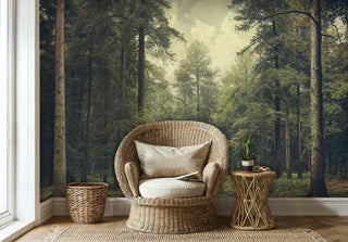 Nature-inspired wall mural showcasing woodland path through lush trees, featured in cozy reading nook with wicker chair