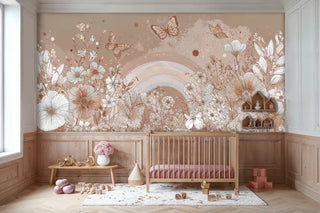 Nature-inspired wall mural with butterflies and wildflowers, shown in elegant nursery with wooden paneling and toys