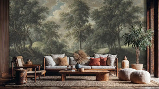 Nature landscape wall mural with forest pathway and majestic oaks, shown in modern living room with natural textures