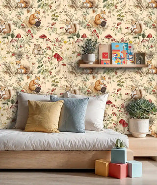 Nature-themed squirrel wallpaper displayed in modern kids room with floating shelf and colorful building blocks