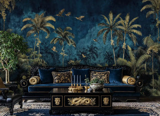 Navy and gold tropical wallpaper featuring palm trees and flying birds, displayed in luxurious living room setting