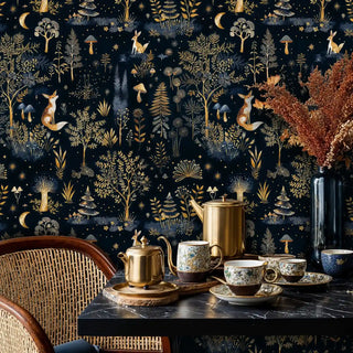 Navy and gold woodland wallpaper with foxes shown in elegant dining room with tea service