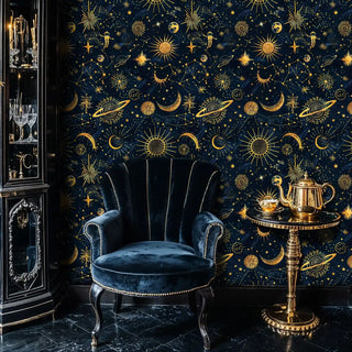 Navy celestial wallpaper featuring cosmic elements and gold accents in luxurious dining room with crystal glasses