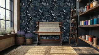 Navy crane and heron wallpaper with golden accents, shown in a rustic craft room with wooden loom and colorful yarn