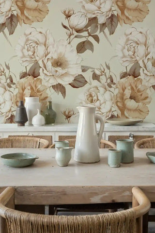 Neutral floral wallpaper displaying vintage peonies and foliage, featured in rustic kitchen with ceramic pottery