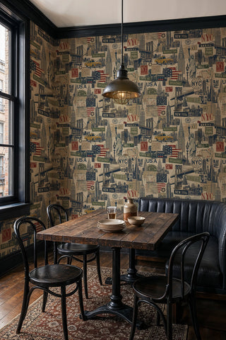 New York collage wallpaper with yellow cabs and Broadway signs in a cafe with rustic dining table