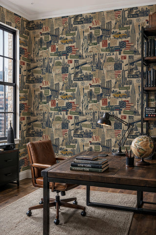 New York vintage collage wallpaper with skyline and taxi details in a home office with desk globe