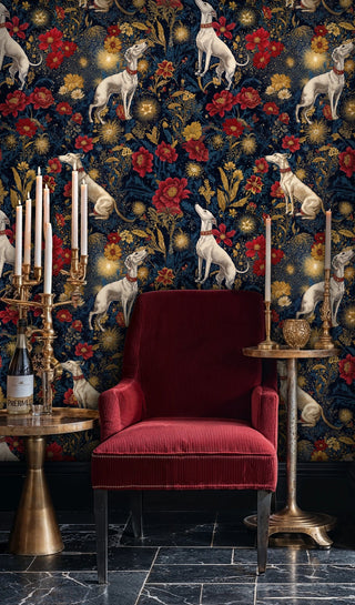 Noble dog wallpaper in navy and red, displayed in sophisticated living space with burgundy velvet chair