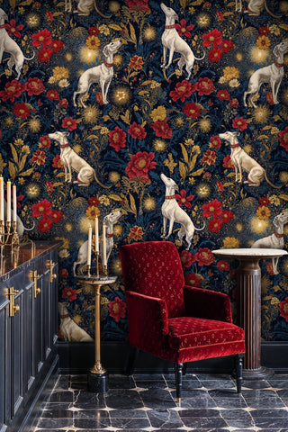 Noble greyhound wallpaper with florals in navy and gold, shown in elegant foyer with red velvet chair