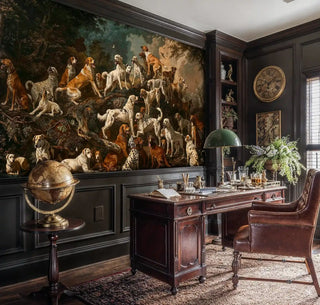 Noble hunting hounds wall mural with forest backdrop, shown in distinguished home office with antique globe