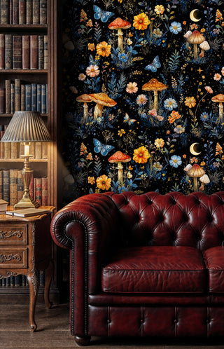 Nocturnal botanical wallpaper featuring toadstools and cosmos flowers in classic library with leather sofa