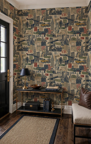 NYC landmark collage wallpaper with bridges and flags in an elegant entryway with brass console table