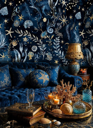 Ocean celestial wallpaper with shells, starfish and gold stars on navy blue, shown in luxurious living room
