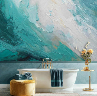 Ocean-inspired abstract wall mural in teal and white, displayed in luxury bathroom with freestanding bathtub