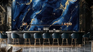 Ocean marble wall mural featuring swirling blue patterns in sophisticated bar area