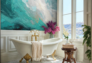 Ocean wave abstract wallpaper with flowing brushstrokes, in luxury bathroom with clawfoot tub and gold fixtures