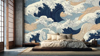 Ocean wave wallpaper featuring detailed blue and gold patterns, shown in zen bedroom with low platform bed