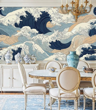 Ocean wave wallpaper with traditional patterns, shown in formal dining room with gilded chandelier and marble table