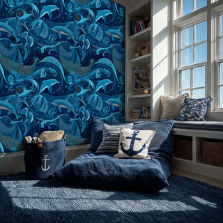 oceanic wallpaper with whales and dolphins in ornate blue swirls, styled in cozy reading nook with nautical cushions