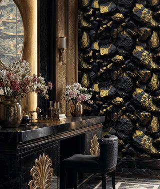 Opulent stone texture wallpaper in luxury powder room with ornate mirror and marble vanity