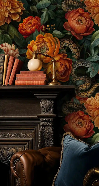 Orange peony wallpaper with snake motifs in elegant study with ornate wooden desk and brass lamp