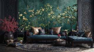 Oriental bird and blossom wall mural in ornate living room with carved wooden furniture and decorative panels