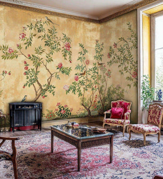 Oriental bird and flower wall mural on textured gold, displayed in elegant room with ornate mirror