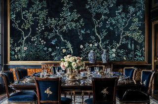 Oriental bird and flower wallpaper featuring delicate blooms and branches, displayed in formal dining room with crystal