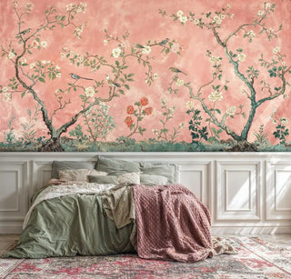 Oriental bird wall mural with coral and white florals displayed in master bedroom with traditional bedding